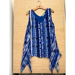 Cato Womens XL Blue White Tie Dye Stripe Sharkbite Hem Sleeveless V-Neck Blouse